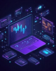 Business tools like laptops and charts floating around a glowing performance metric, representing productivity