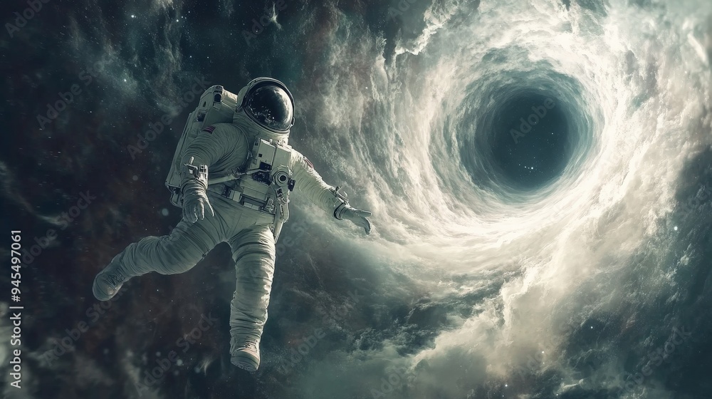 Poster Astronaut aimlessly approaches a swirling, luminous intergalactic wormhole, symbolizing the perilous journey into the unknown and the boundless potential of space voyages.