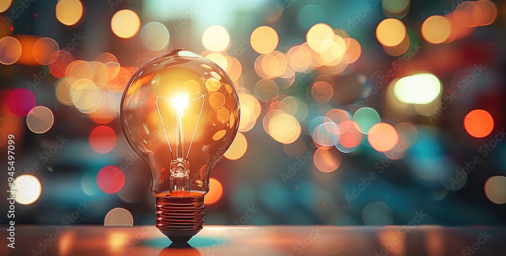 Poster a glowing light bulb on a blurred background of colorful lights and bokeh. generative ai.
