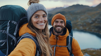 A young couple hiking in the mountains, smiling and enjoying each other's company while surrounded by nature, wearing backpacks and warm for outdoor activities, with a beautiful sc