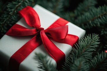 Christmas background with a classic red bow and ribbon on a white gift box