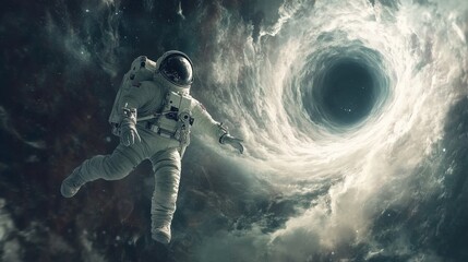 Fototapeta premium Astronaut aimlessly approaches a swirling, luminous intergalactic wormhole, symbolizing the perilous journey into the unknown and the boundless potential of space voyages.