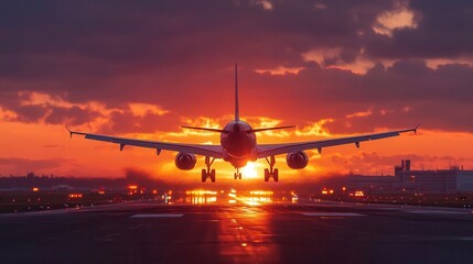 majestic passenger jet taking off at golden hour dramatic angle captures landing gear retracting as plane ascends against vibrant sunset sky