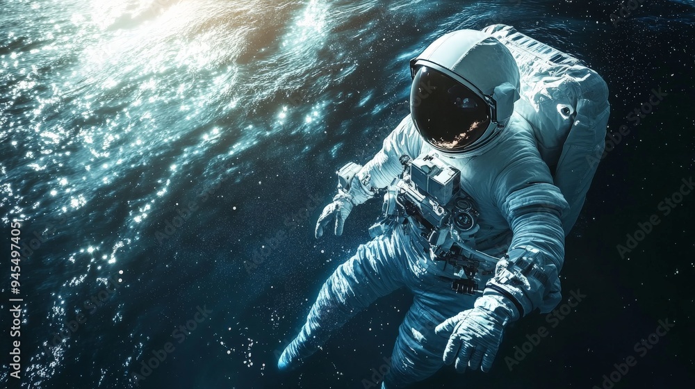 Poster An astronaut in a spacesuit floats above a shimmering ocean, juxtaposing the vastness of space with the mysteries of the deep sea under dazzling light reflections.
