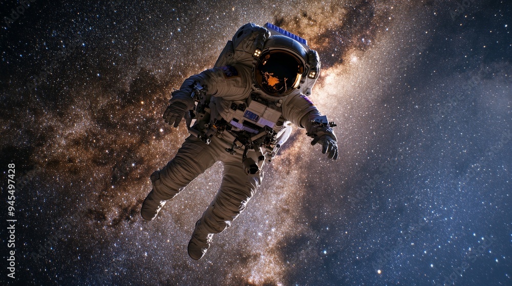 Poster A lone astronaut in a spacesuit is captured floating freely in the infinite expanse of space, showcasing the vast, stunning beauty and complexity of the universe.