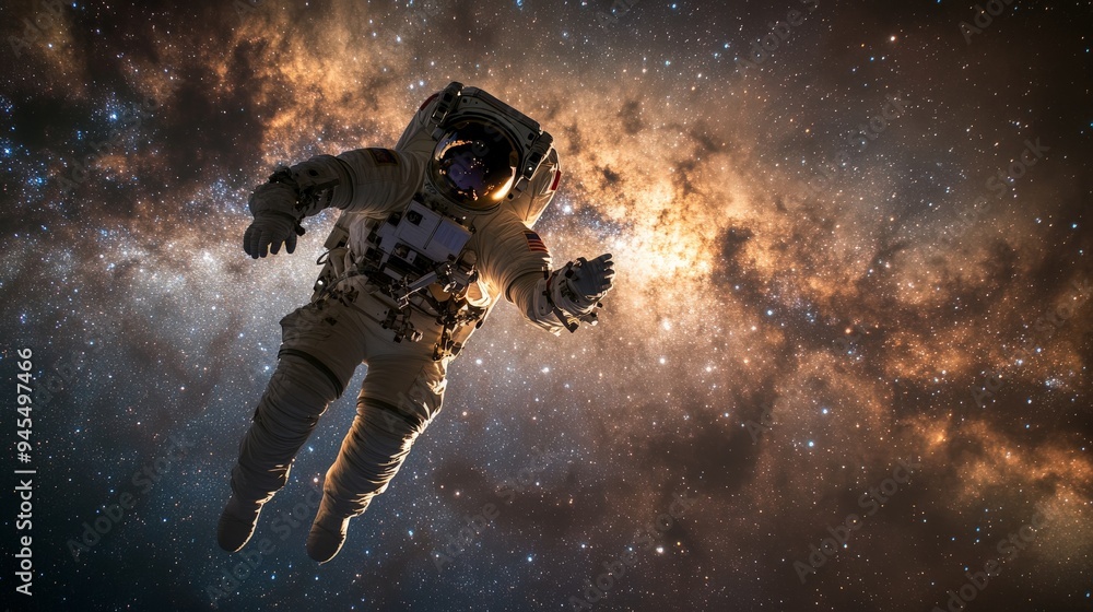 Poster This image shows an astronaut in a spacesuit, drifting amid the vast expanse of the Milky Way, symbolizing humanity's quest for knowledge and the infinite nature of space.