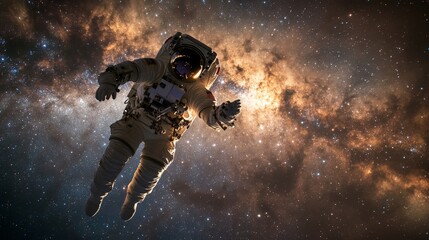 This image shows an astronaut in a spacesuit, drifting amid the vast expanse of the Milky Way, symbolizing humanity's quest for knowledge and the infinite nature of space.