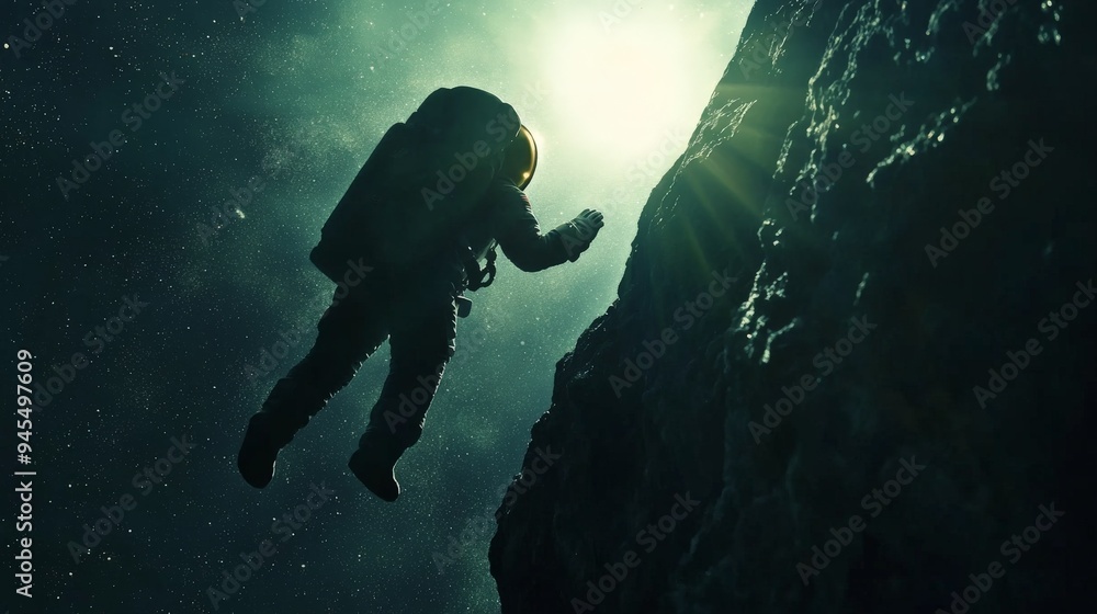 Poster an astronaut in a spacesuit is seen ascending a cliffside, silhouetted against a glowing cosmic ligh