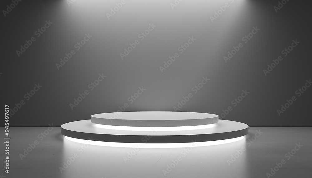 Poster Round podium illuminated by spotlights. 3D render. White background.
