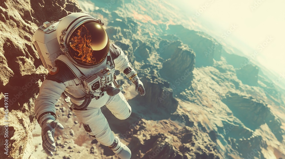 Aufkleber an astronaut is floating above a rugged extraterrestrial terrain under a bright sky, highlighting th