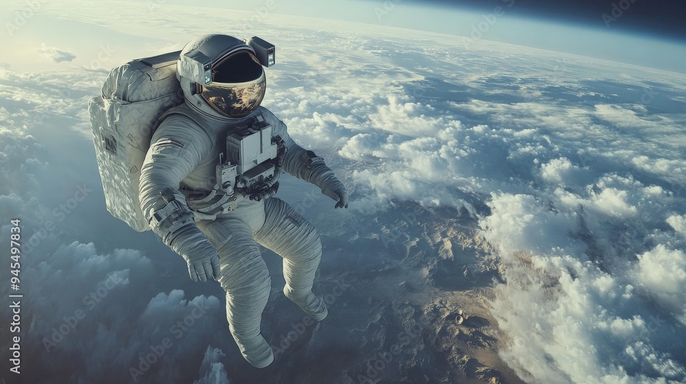 Poster An astronaut is soaring above Earth with clouds below, showing the breathtaking view from space and showcasing the serene and expansive beauty of our planet.