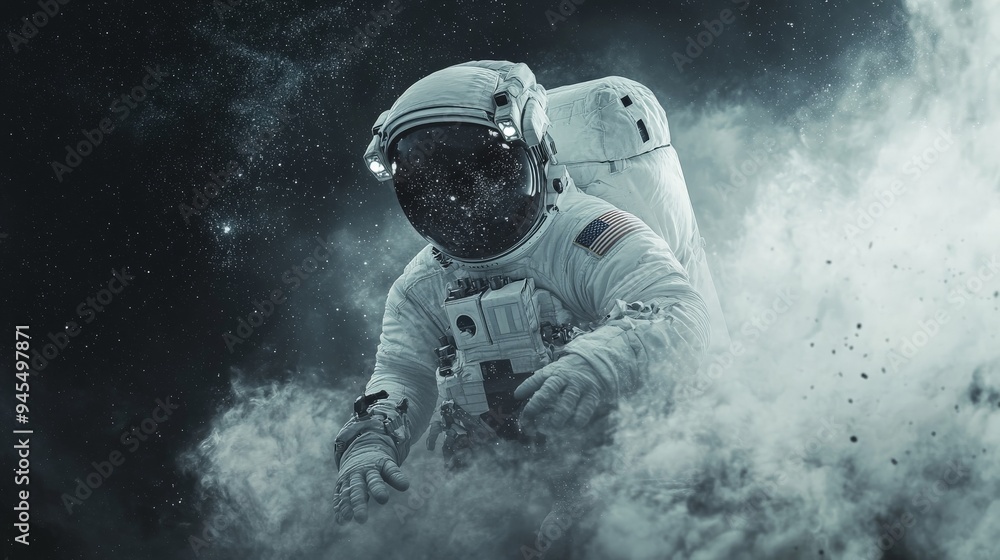 Poster An astronaut is depicted in a space cloud amidst a swirl of cosmic particles, illustrating the enigmatic and boundless essence of the universe and space exploration.