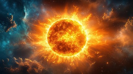 majestic golden sun with intricate corona details radiating warmth and light against a deep blue cosmic background