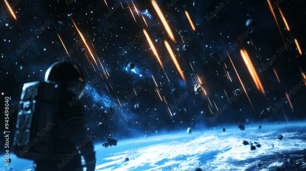Poster An awe-inspiring scene featuring an astronaut in space, surrounded by meteors and floating debris, highlighting the adventurous and unpredictable nature of space exploration.