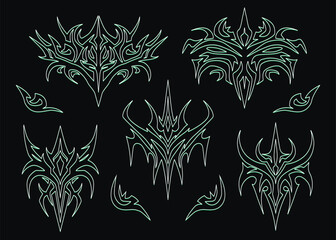 Vector set of abstract ethnic Maori or Polynesian neo tribal trendy y2k ornament shapes. Gothic futuristic graphic tattoo elements collection