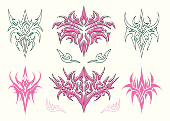 Vector set of abstract ethnic Maori or Polynesian neo tribal trendy y2k ornament shapes. Gothic futuristic graphic tattoo elements collection