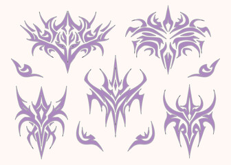 Vector set of abstract ethnic Maori or Polynesian neo tribal trendy y2k ornament shapes. Gothic futuristic graphic tattoo elements collection