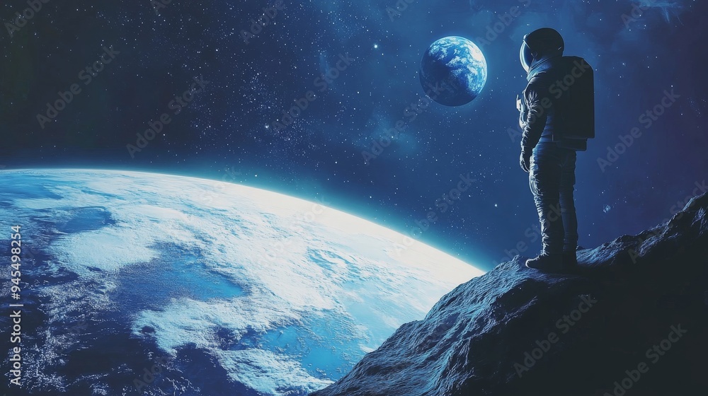 Poster an impressive image of an astronaut standing on a rocky surface, gazing at the earth and moon in the