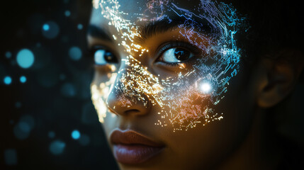 Woman with digital elements overlaid on their face, such as circuit patterns or holographic displays. digital overlay