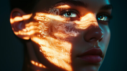 Woman with digital elements overlaid on their face, such as circuit patterns or holographic displays. digital overlay