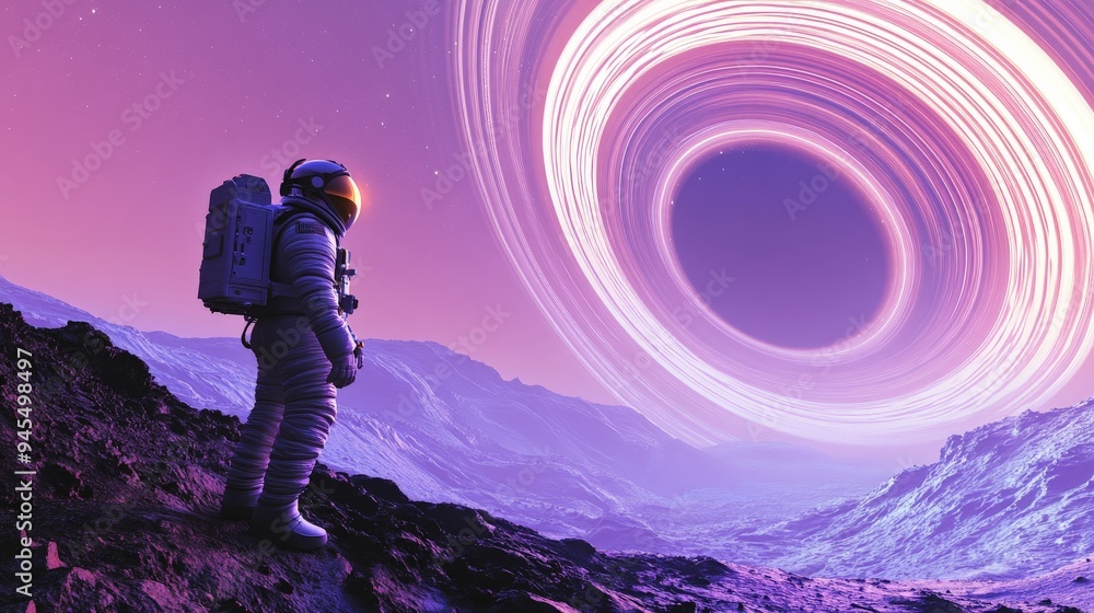 Aufkleber An astronaut stands on a rocky terrain, gazing at a massive ringed planet in the sky, creating a sense of wonder and insignificance in the vast universe.