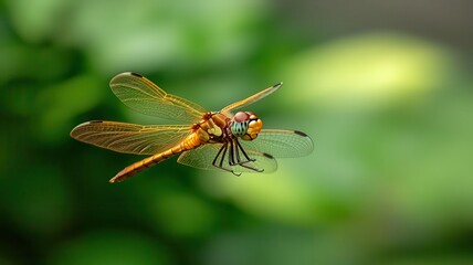 Fototapeta premium A glowing dragonfly hovering over a still pond, nature s glowtime, delicate and beautiful