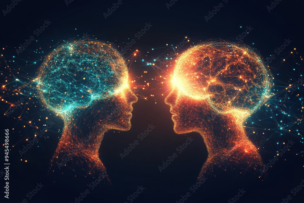 Poster vibrant silhouettes of a couple with brain activity visualized as colorful sparks symbolizing the dy