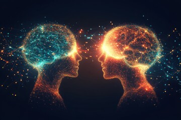 Vibrant Silhouettes of a Couple with Brain Activity Visualized as Colorful Sparks Symbolizing the Dynamic and Emotional Connection Between Two Minds