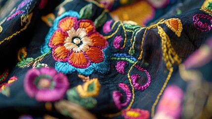 Close-up of a hand-embroidered Indian blouse, showcasing intricate detailing and vibrant colors, no people.