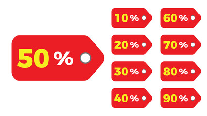 Percentage off stickers set, red sale labels. Discount tags collection, vector illustration 