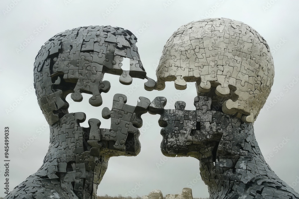 Poster stone statues with missing puzzle pieces in their heads symbolizing fragmented identity and the ques