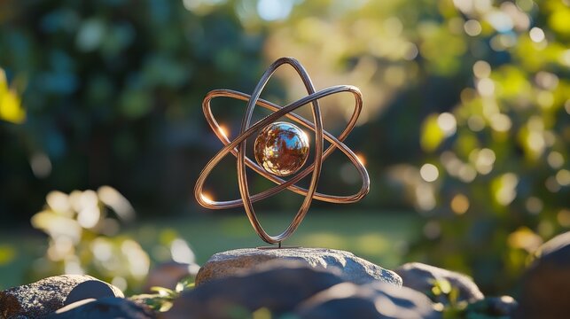 A copper atom model standing on a rocky outdoor surface, showing a stunning contrast between the metallic model and the natural ruggedness, symbolizing scientific exploration.