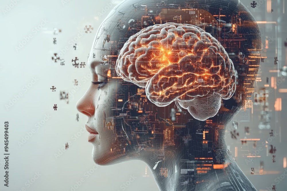 Poster futuristic female profile with brain visualization and digital puzzle elements representing the comp