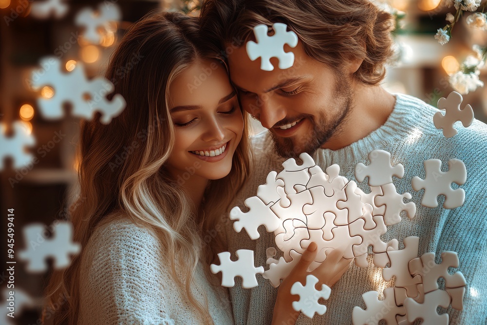Poster happy couple completing a puzzle together illustrating the concept of building a strong relationship