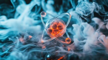A visually striking atomic structure featuring a central glowing red core, illuminated transparent rings, and set against a backdrop of swirling mist, symbolizing energy.