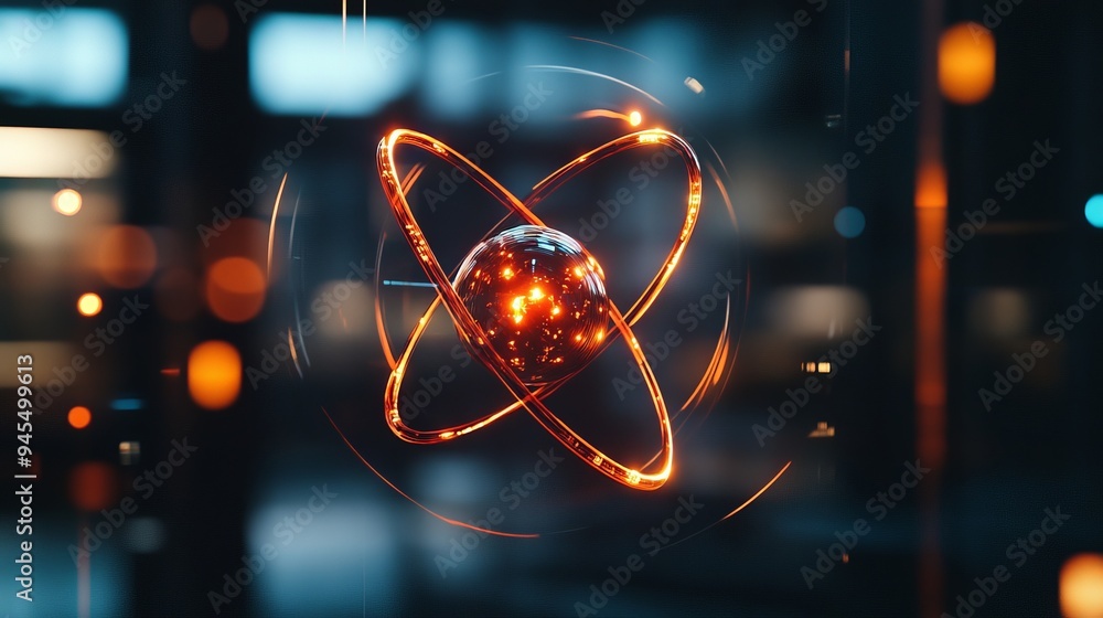 Poster A visually striking image portraying an atom with illuminated electrons orbiting a bright nucleus, symbolizing atomic energy and scientific discovery.