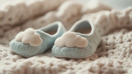 Close-up of tiny baby shoes with a cloud motif, neatly placed on a soft, pastel-colored blanket, capturing the dreamy design.