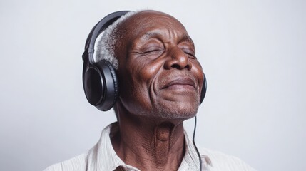 An elderly person with gray hair is pictured wearing black headphones, dressed in a white shirt, gazing slightly upwards against a plain background.