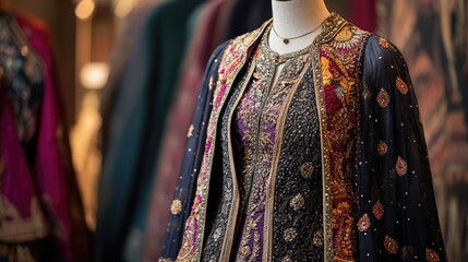 Detailed Indian anarkali suit with heavy embellishments, displayed on a designer mannequin, no people.
