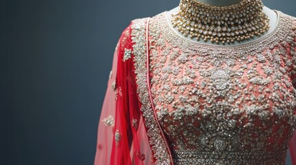 Detailed Indian anarkali suit with heavy embellishments, displayed on a designer mannequin, no people.