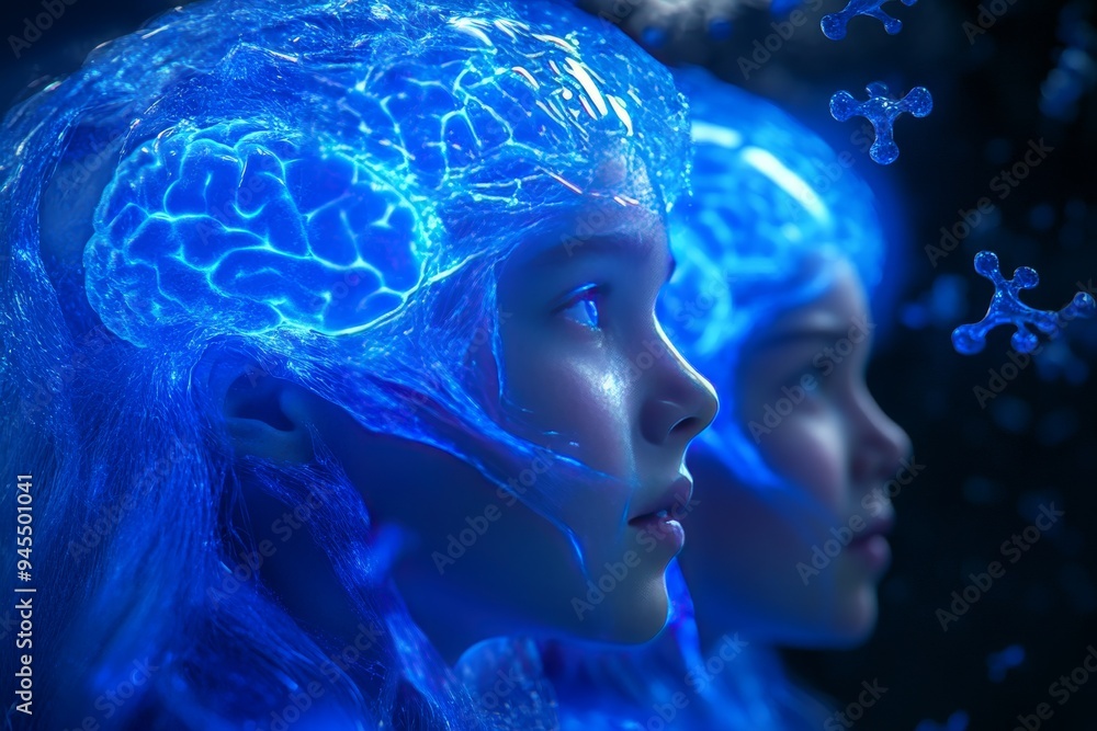 Poster futuristic portrait of a woman with digital brain networks highlighting the role of neural connectiv