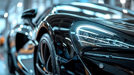 close up of high performance black supercar, showcasing the vivid and intricate design details.