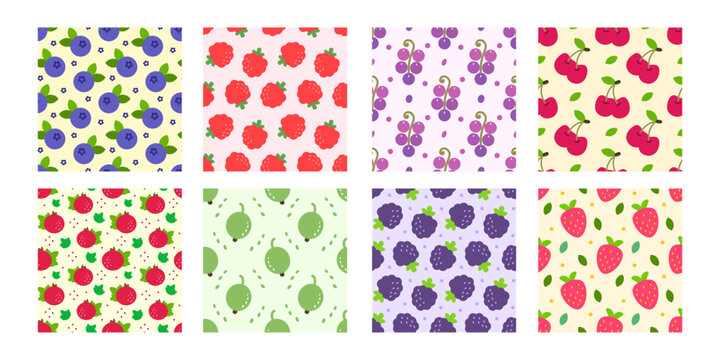 Set seamless pattern berries illustration vector. For baby packaging, banner, wrapping, card, clothes, invitation. Blackberry; blueberry; raspberry; grape; strawberry; gooseberry; cherry
