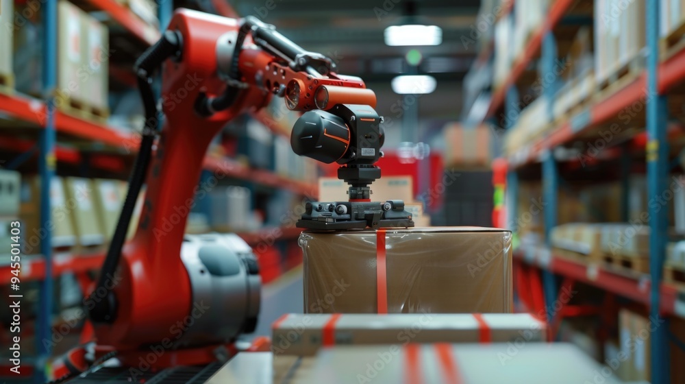 Poster a robot arm lifting a box in a warehouse setting