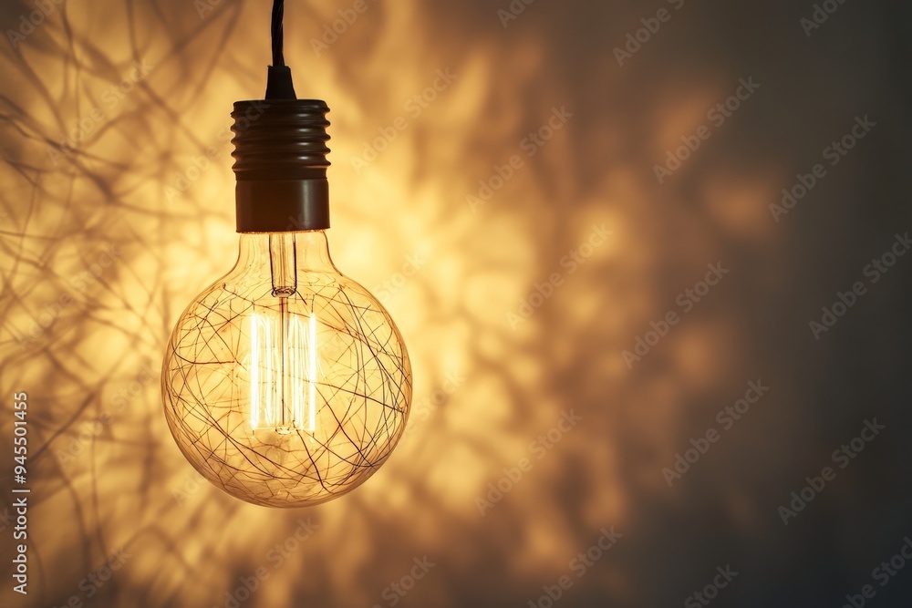 Poster An artistic light bulb with unique design casts complex shadow patterns on the wall, creating a sophisticated, warm ambiance in the room, blending function and style seamlessly.