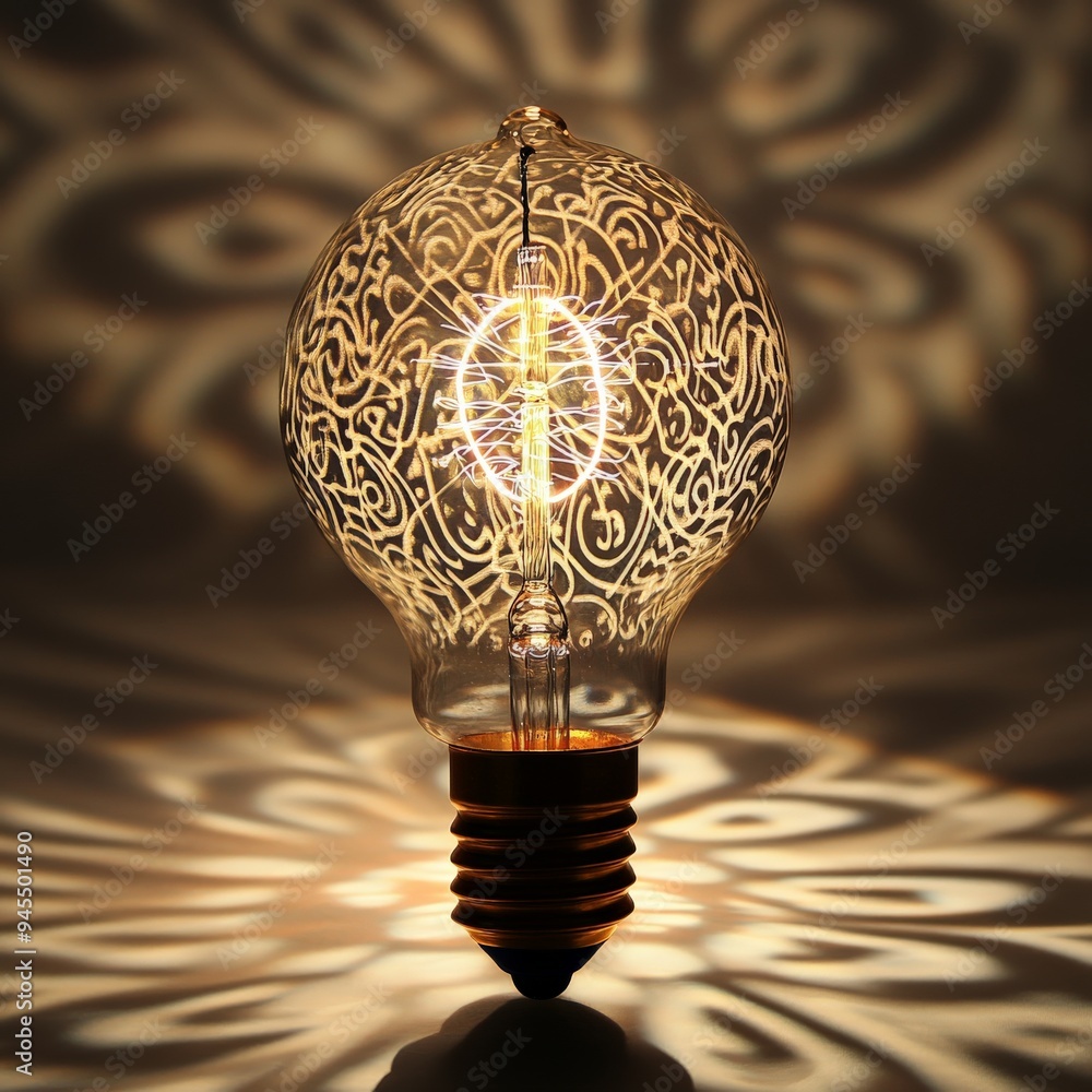 Poster An illuminated light bulb featuring intricate designs that cast beautiful and complex shadow patterns on the surrounding surfaces, creating a mesmerizing visual effect.
