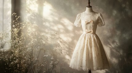 Elegant ivory dress with small bow designs, artfully displayed on a vintage dress form in a well-lit room with a neutral background.