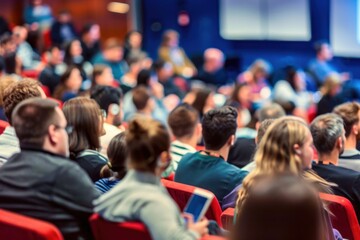 Large Group of People Listening to a Presentation Defocused shot of crowd in the lecture hall. Purposely blurred with a lens.
