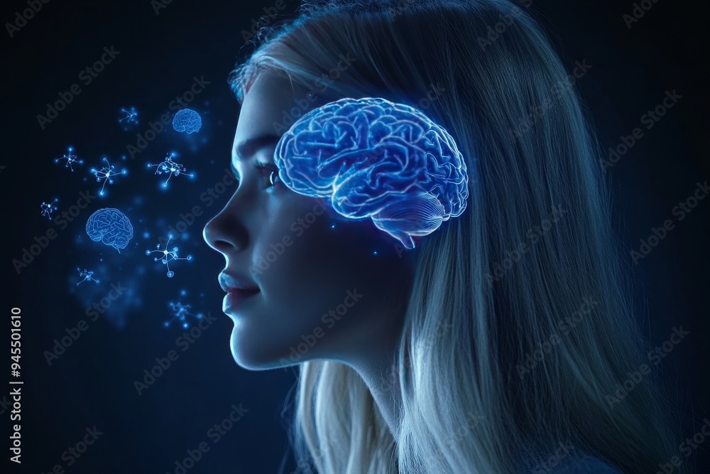 Poster futuristic profile of a woman with a blue neural network visualization symbolizing advanced cognitiv