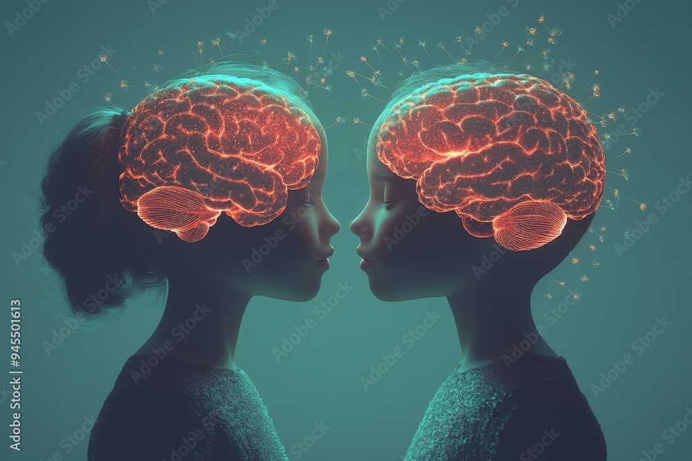 Poster vibrant side profile of a couple with illuminated brains highlighting the dynamic and emotional conn